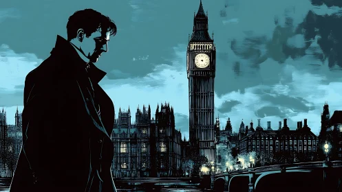 Thoughtful figure wandering beside London&rsquo;s glowing clocktower.