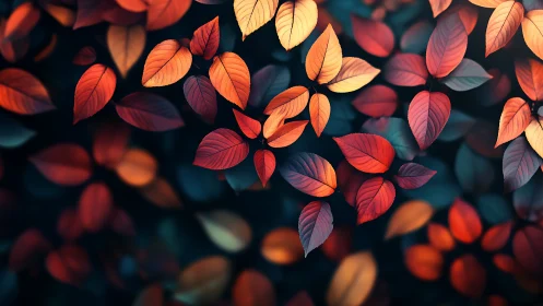 Glowing autumn leaves drift softly across a dark forest