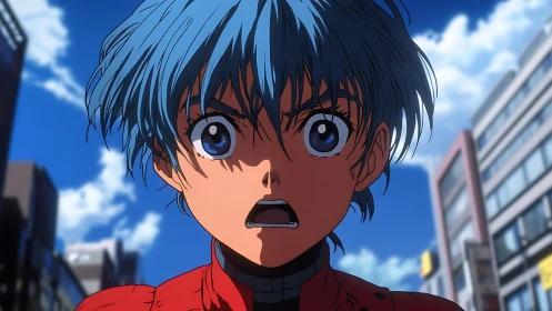 Blue haired teen in scarlet jacket under dynamic city sky.