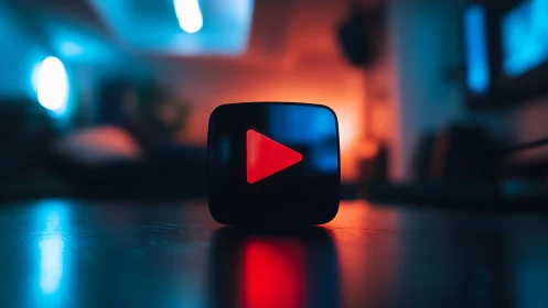 Play button icon rendered against blurred urban lighting.