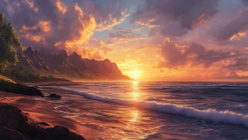 Hyperreal tropical coastline sunset with distant sailboat.