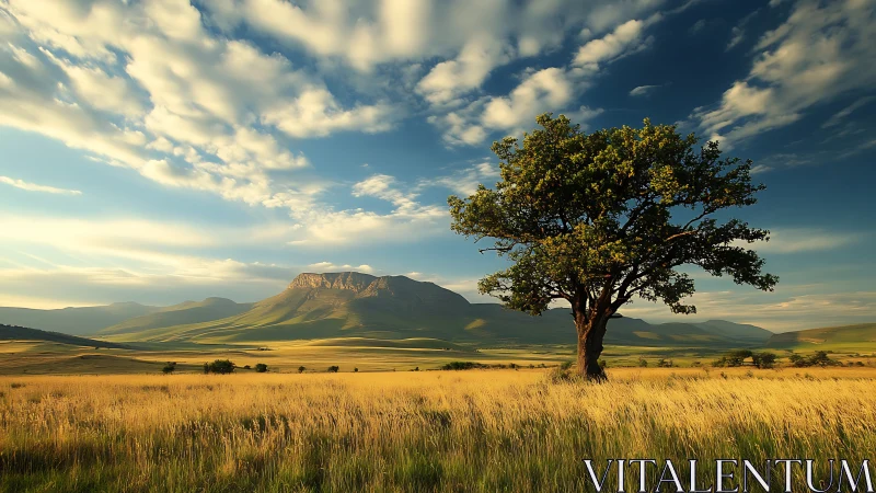Golden field and lone tree under wide open mountain sky.