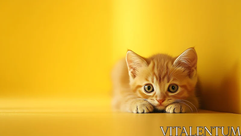 Orange Tabby Kitten Peering Over Yellow Surface.