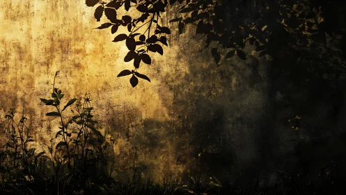 Sunlit plant silhouettes cast against textured weathered wall