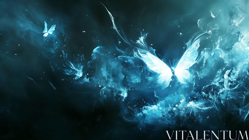 Luminous cyan energy butterflies in swirling cosmic nebula