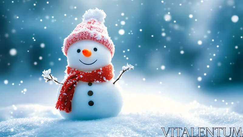 Snowy optimist in red scarf welcomes the falling winter hush