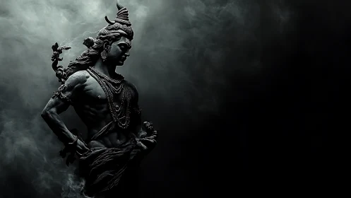 Dark moody sculpture of mythic male figure in smoke.