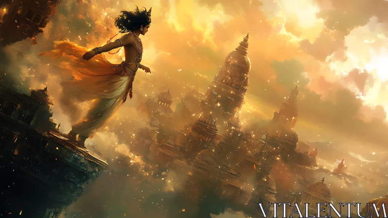 Winged figure steps toward glowing temple city in clouds