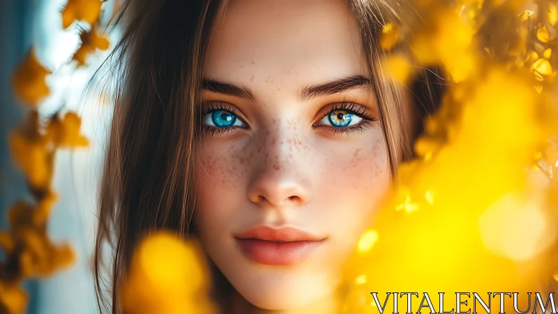 Bright blue gaze framed by golden blossoms in soft light.