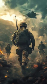 Soldiers advance through burning battlefield under helicopter
