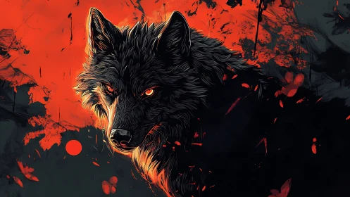 High-contrast wolf portrait with fiery bokeh and vector linework