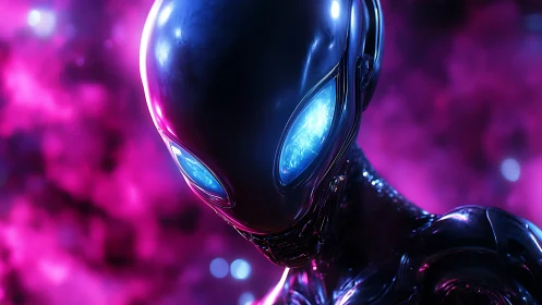 Luminous alien android emerges in vibrant neon cosmos glow