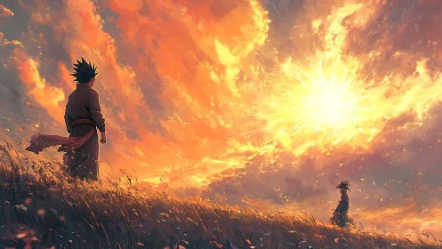 Two figures on hillside under expansive fiery sky.