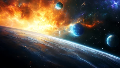 Fiery nebula ignites distant planets above a curved world.