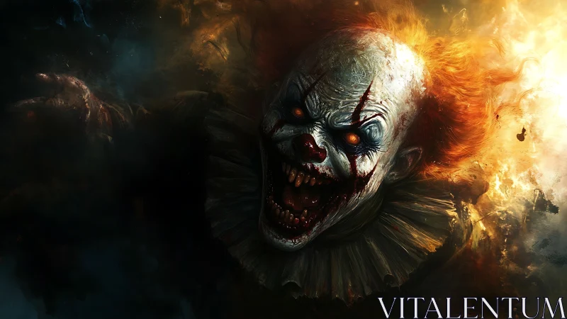 Grotesque clown portrait in dark fiery digital scene.