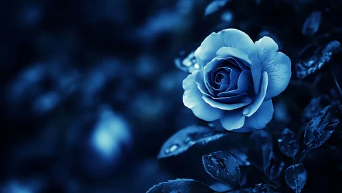Luminescent Blue Rose Against Midnight Foliage.