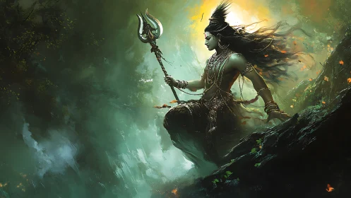 Mythic warrior meditating on cliff with trident, mist and backlight