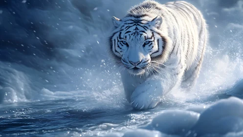 White tiger moving through shallow icy water in snowfall.