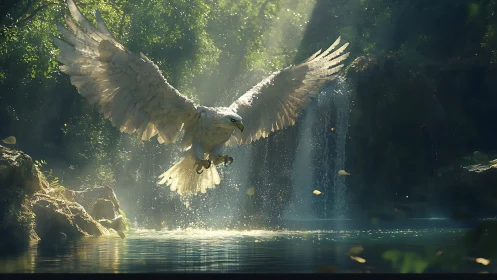 Majestic White Eagle Soaring Over Waterfall in Sunlit Forest.