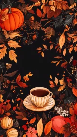 Autumn coffee cup framed by pumpkins and falling leaves.