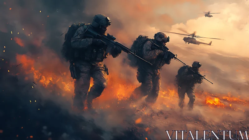 Combat Zone: Soldiers in Fire under Helicopter Support.