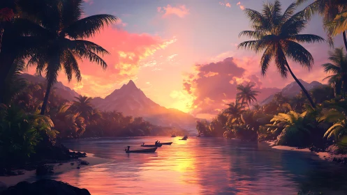 Tropical Lagoon Sunset with Volumetric Cloud Rendering and Dynamic Water Reflection