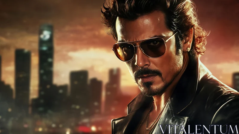 Brooding urban antihero in leather under fiery skyline.