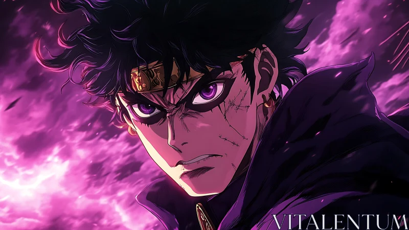Storm-eyed anime warrior blazing through violet chaos skies.