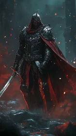 Dark armored warrior with red cape in burning ruins.