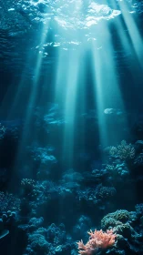 Sunlight beams over deep blue coral reef seafloor scene.