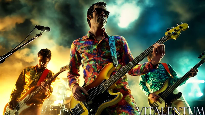 Psychedelic rock trio performing under cinematic stage lighting.