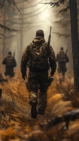 Fogbound rangers stride through amber forest hush.