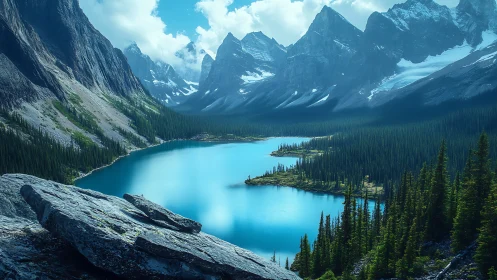 Mountain lake basin with conifer forest and rocky slopes.