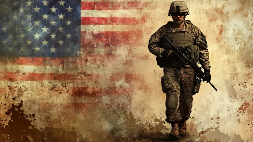 US soldier strides past weathered American flag background.