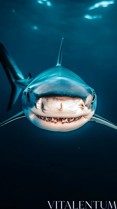 Close frontal portrait of streamlined shark in open ocean