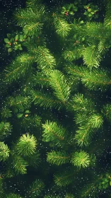 Evergreen spruce branches with snow and deep green bokeh.
