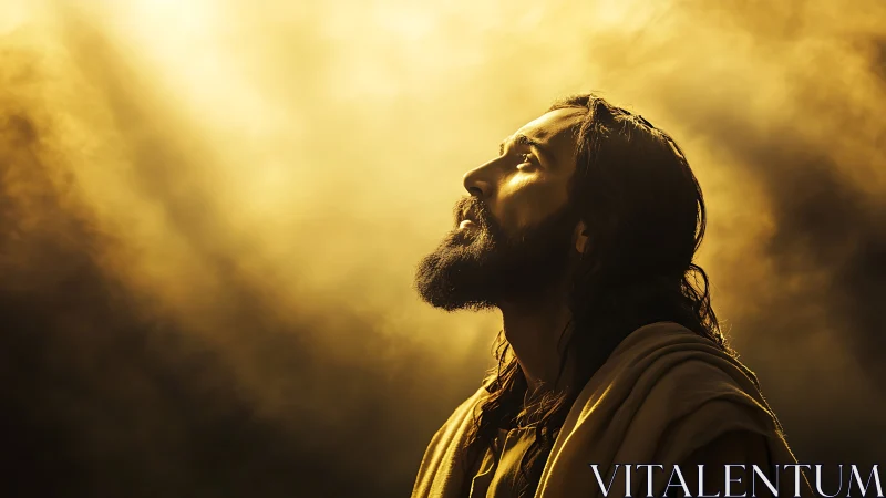 Bearded man gazes upward under dramatic golden light.