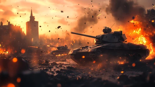 Armored main battle tank advancing through urban firestorm.