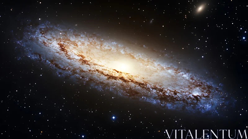 Edge-on spiral galaxy with bright core and dust lanes.