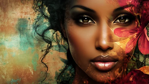 Petaled gaze braids human warmth with wild floral fire