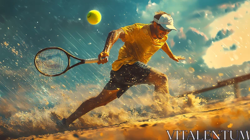 Dynamic beach tennis player in golden cinematic backlight.
