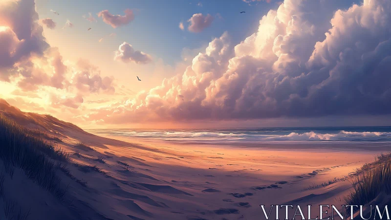 Soft sunset clouds welcome gentle waves along a quiet shore