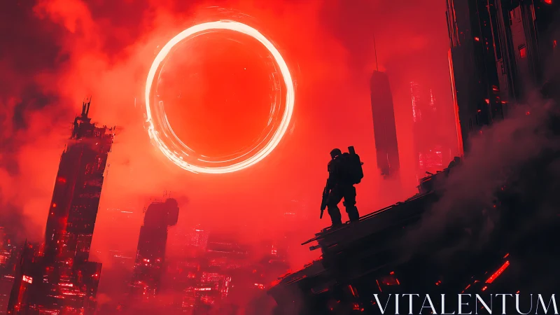 Lone soldier greets the burning neon eclipse above ruin