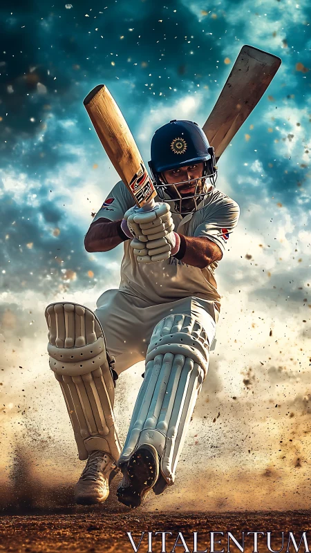 Cricket batsman drives ball through storm of flying dust.