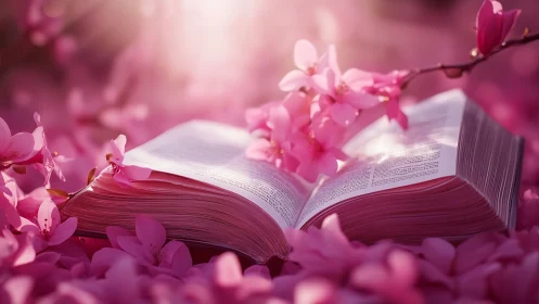 Open book rests under glowing pink cherry blossoms.