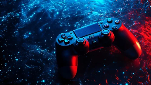 Game controller on neon blue and red abstract surface.