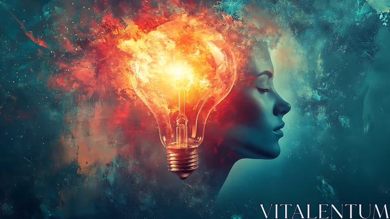 Surreal portrait merges glowing light bulb with human mind.