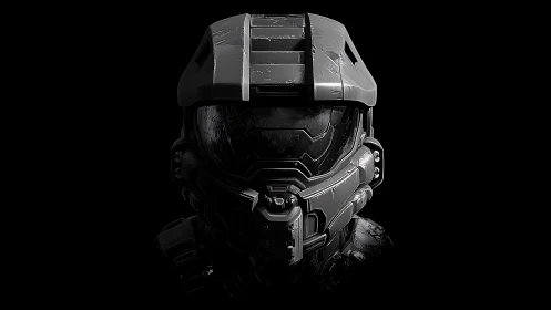Futuristic armored helmet glowing quietly in the dark.