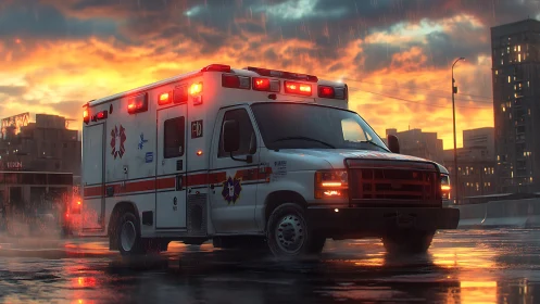 Emergency ambulance on wet city street at sunset in rain.