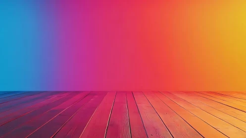 Rainbow plank stage under neon sunset gradient sky.